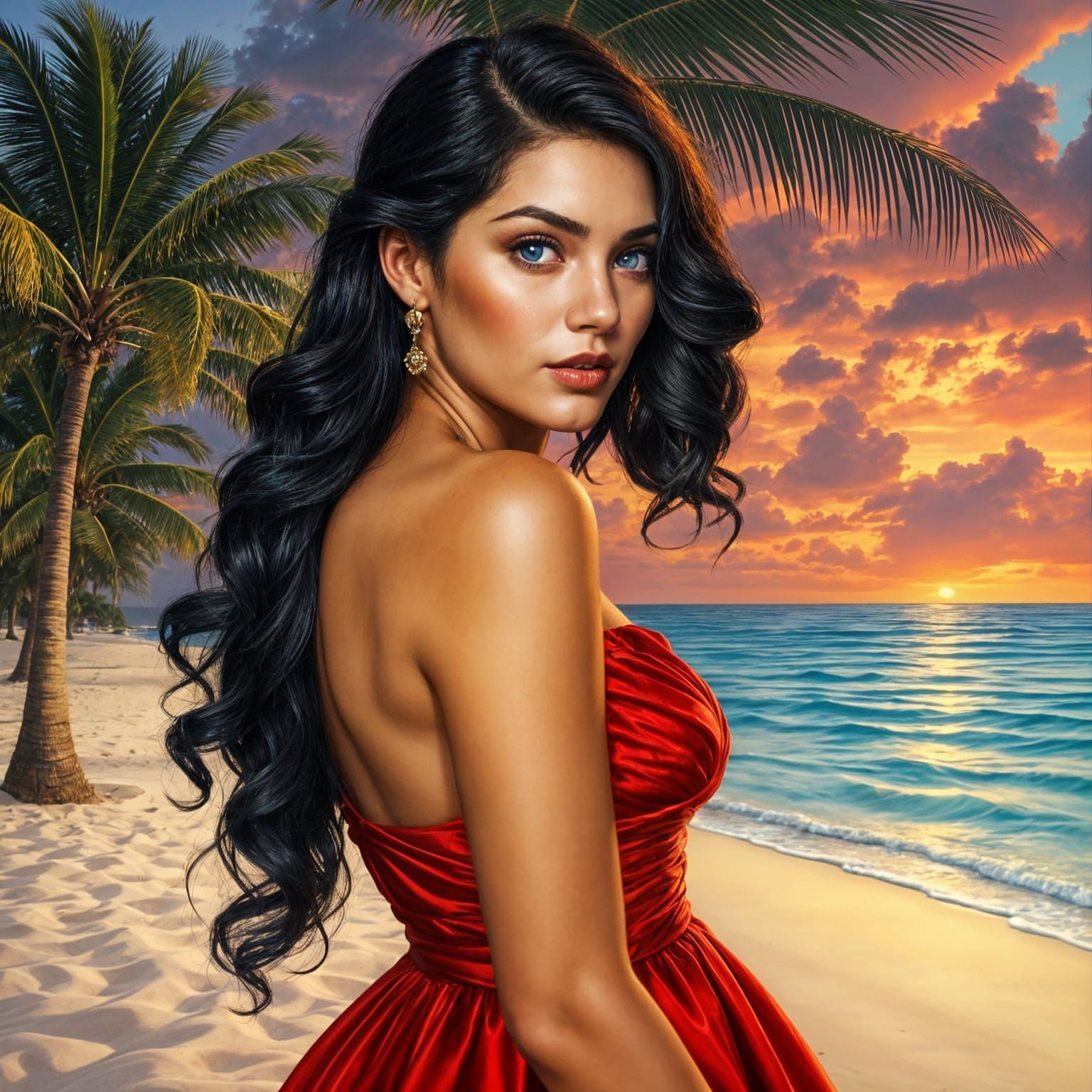 Elegant Woman in Red Dress at Sunset