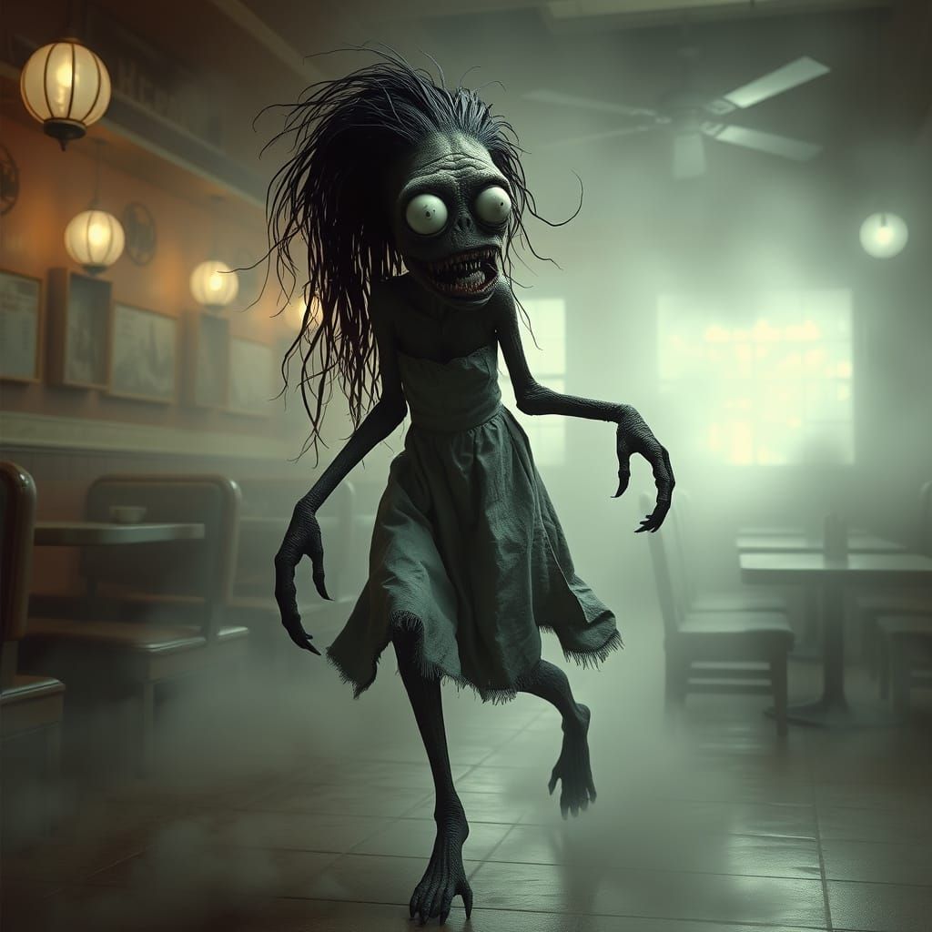 Macabre Gothic Creature Emerges from Dark Diner