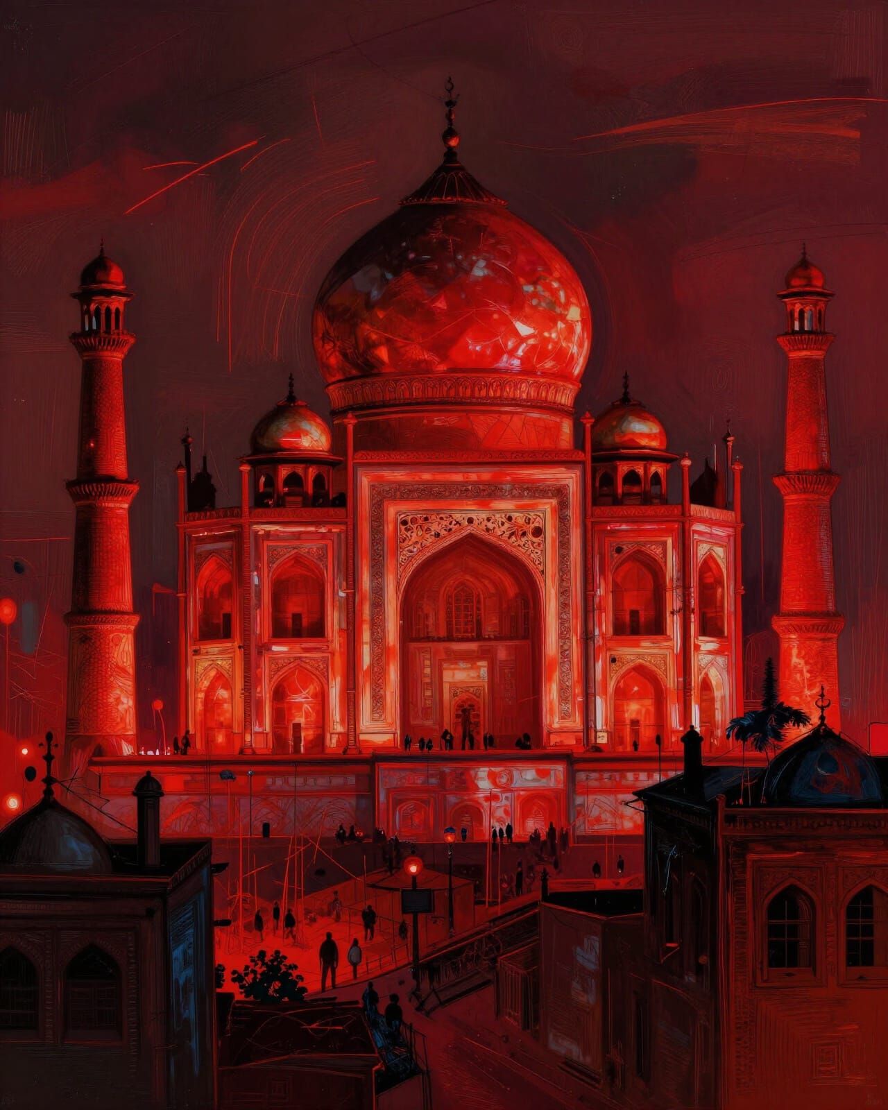 An expressionist night scene of an oriental city glowing in violent reds.