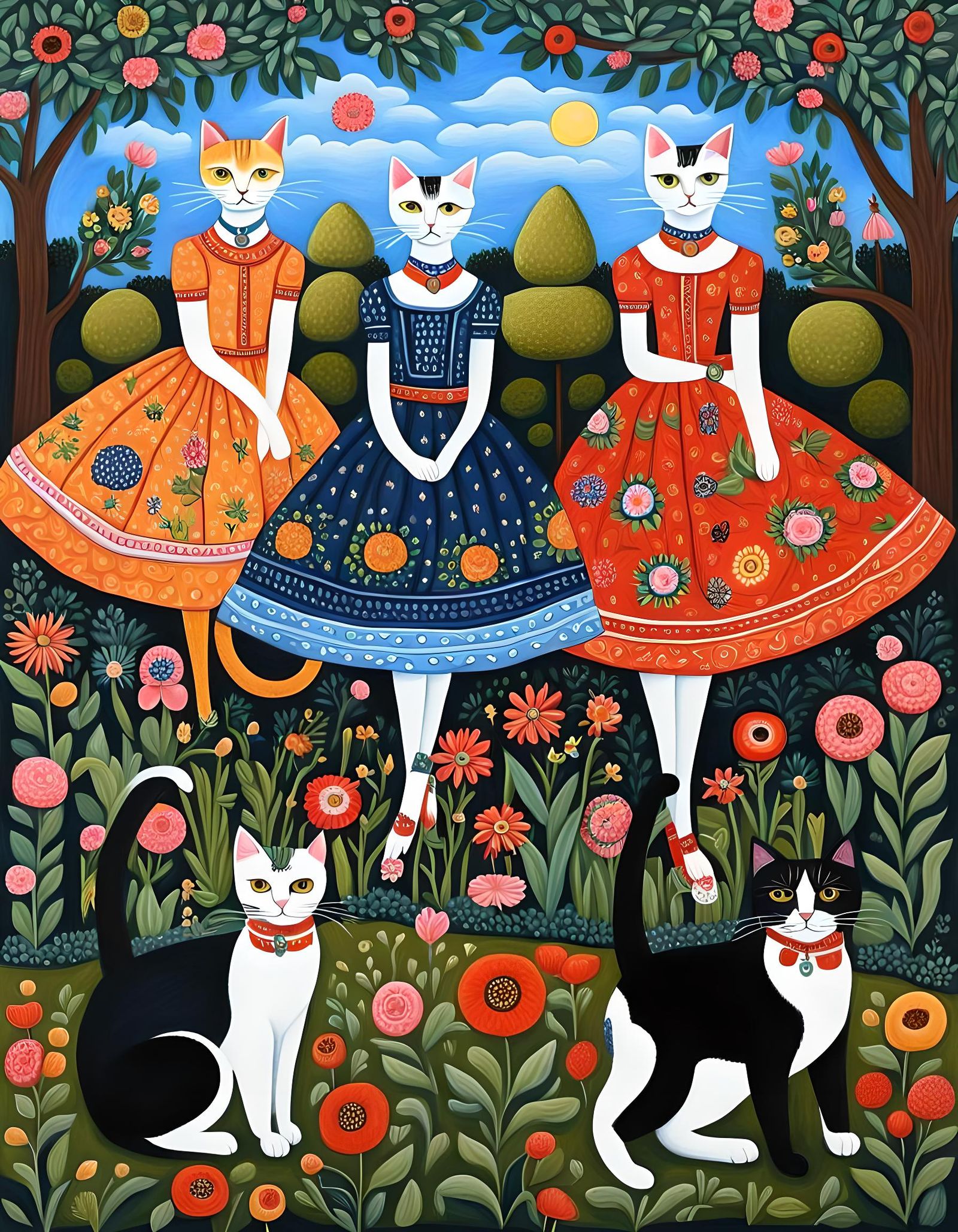 Whimsical Cats in Dresses Garden Scene as Gouache