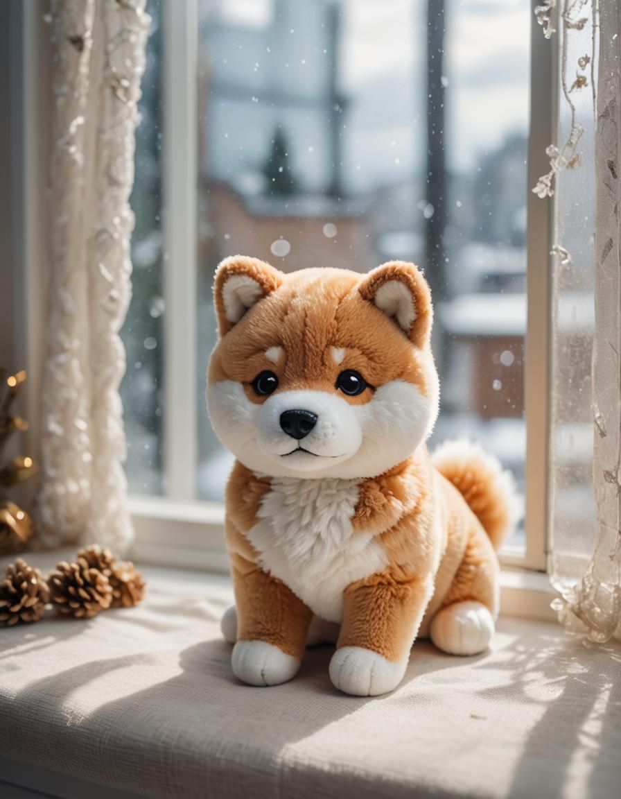 Cute Shiba Inu Plushie on Window Sill