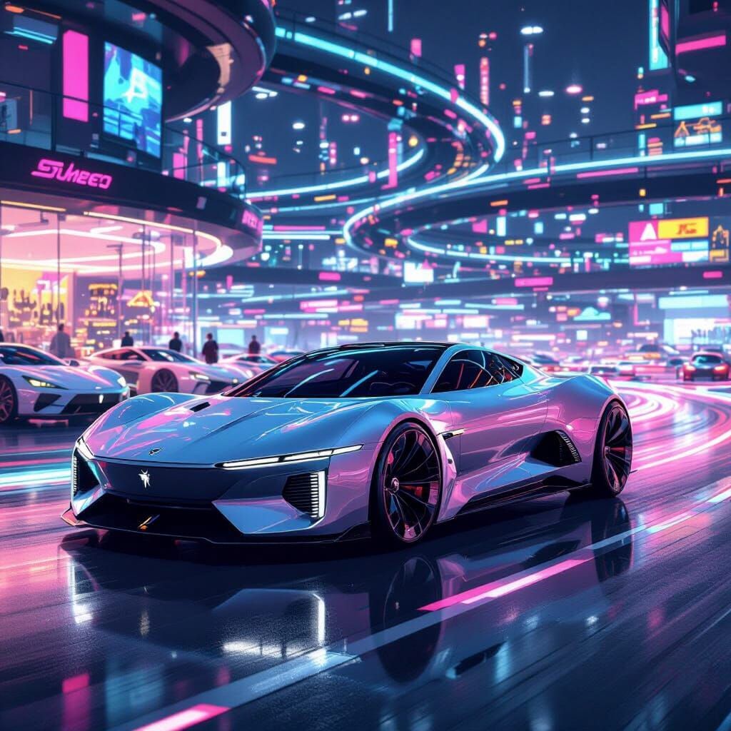 Futuristic Car Showrooms and Circuits in Neon Style