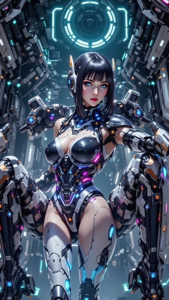 Cybernetic Figure in Neon Corridor, Futuristic Armor