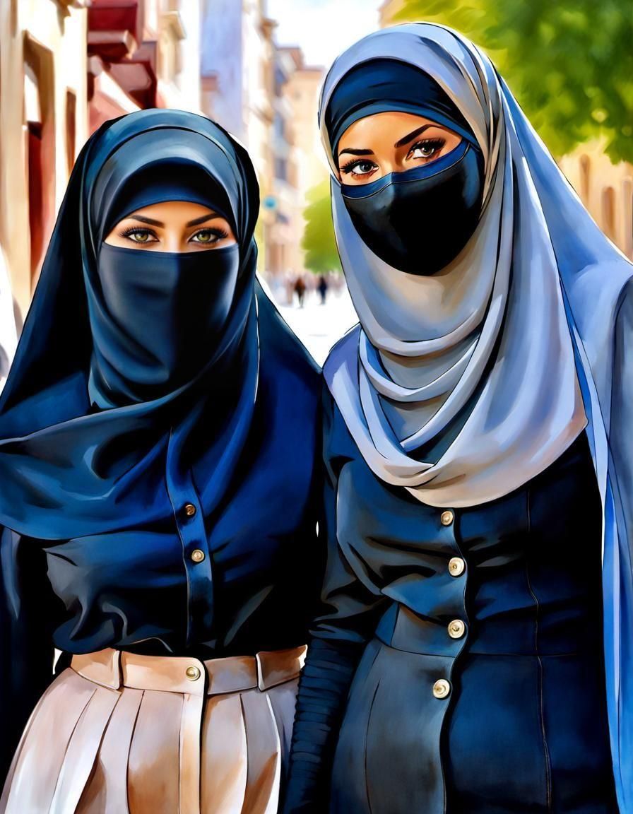 Two Niqabi Teachers in Watercolor Style