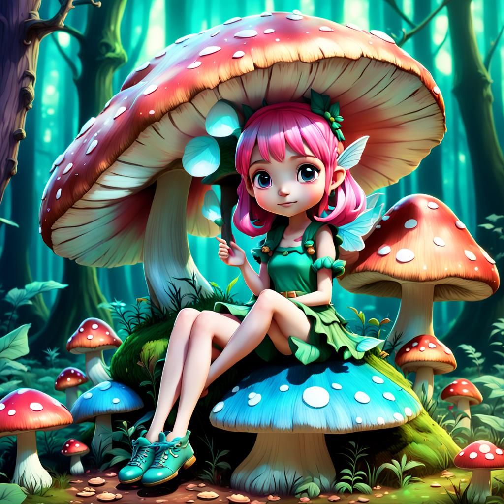 Pink Haired Fairy on Mushroom in Chibi Anime Style