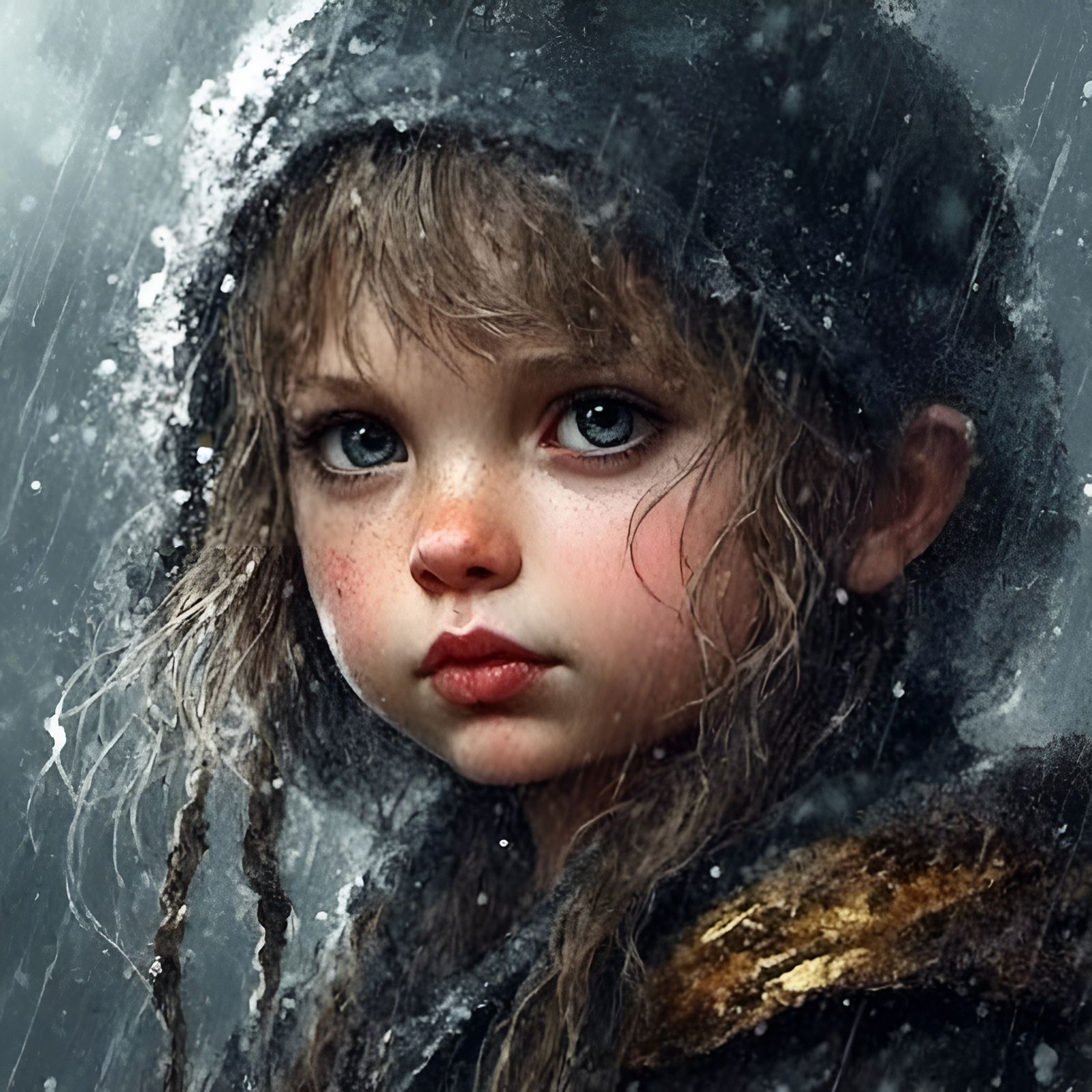 Chibi Girl in Stormy Weather, Detailed Digital Art