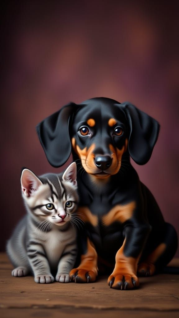 Dachshund Puppy and Kitten Studio Portrait