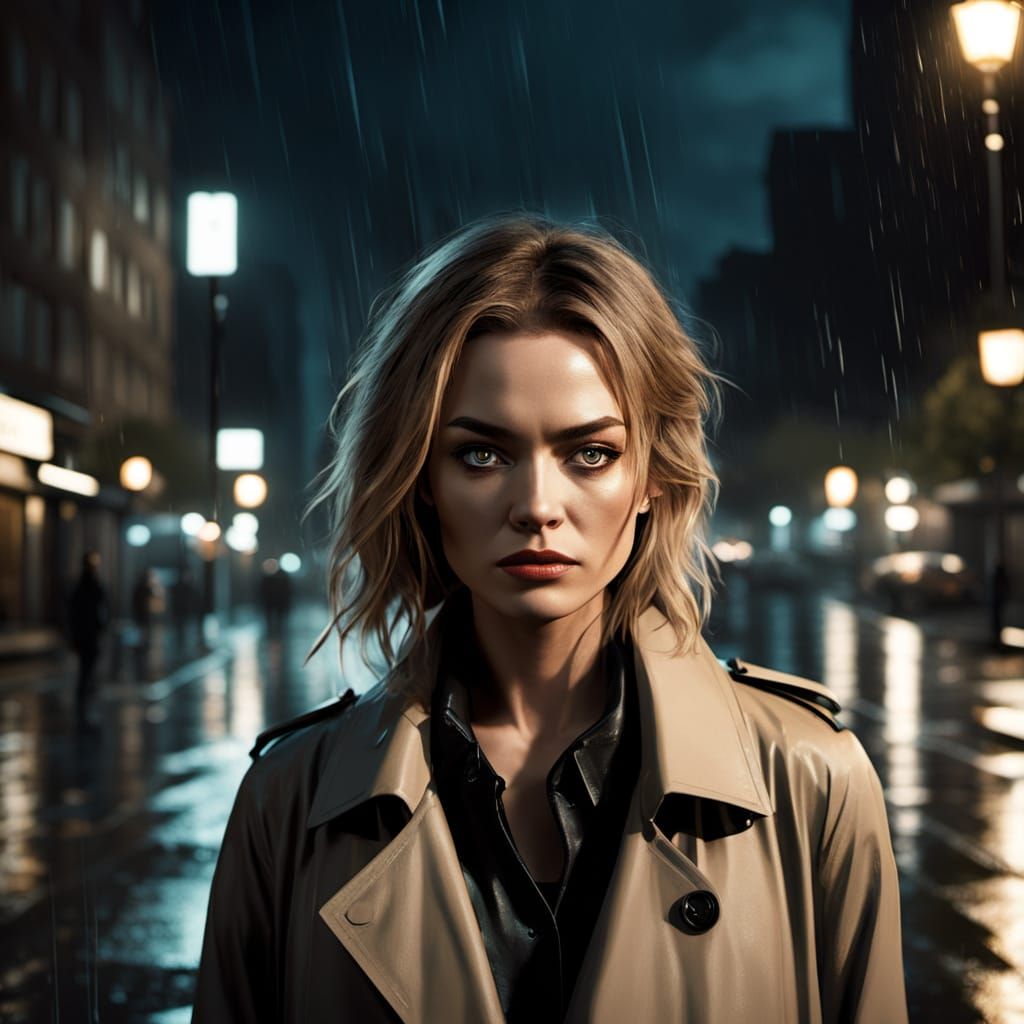 Woman in Trench Coat on Rainy City Street at Night