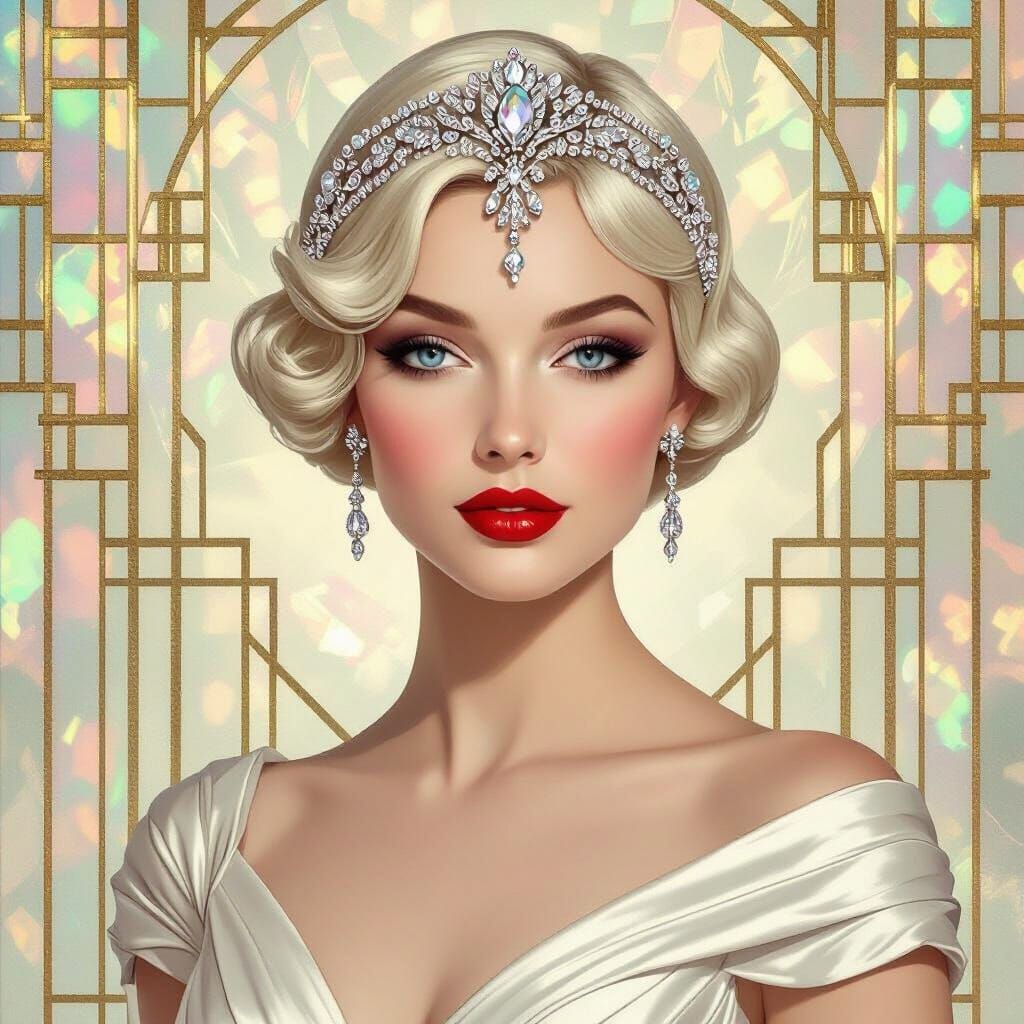 Art Deco Portrait of Elegant Woman in Crystal Headpiece