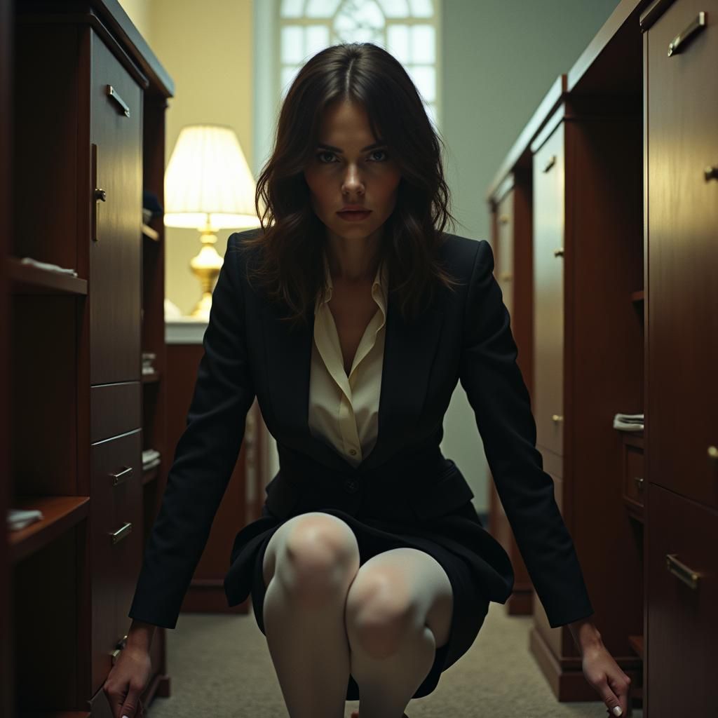 Cinematic Portrait of Woman in Office with Film Aesthetic