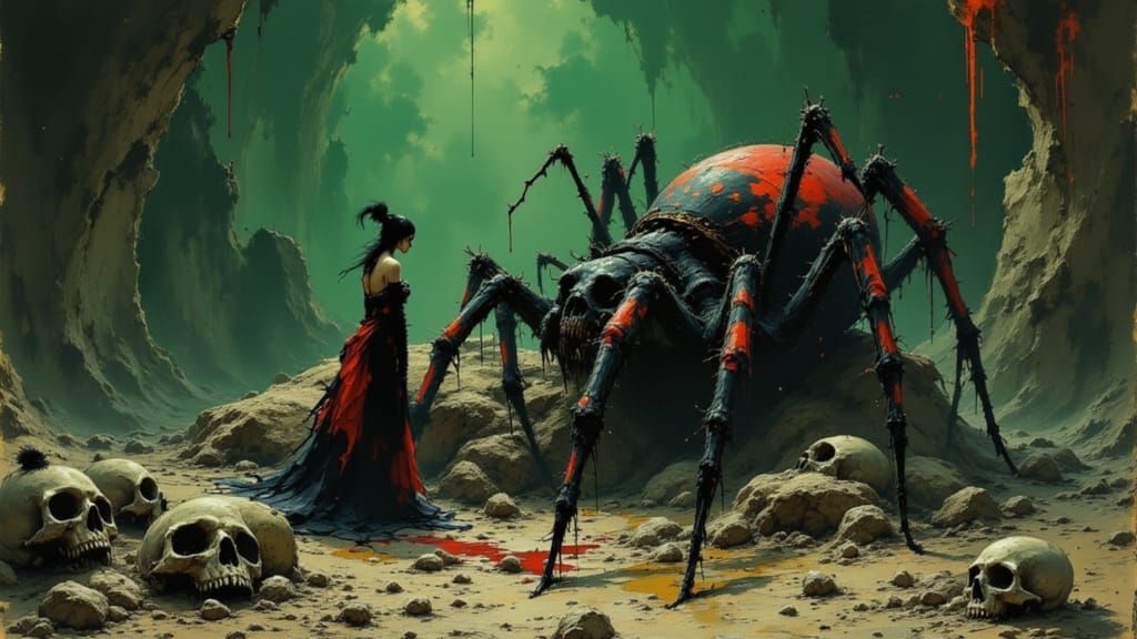 Spider Queen and Her Arachnid Guardian in Baroque Gothic Sty...