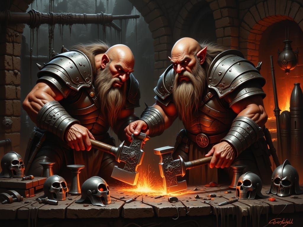 Dwarves Forge Battleaxe in Fiery Foundry Oil Painting