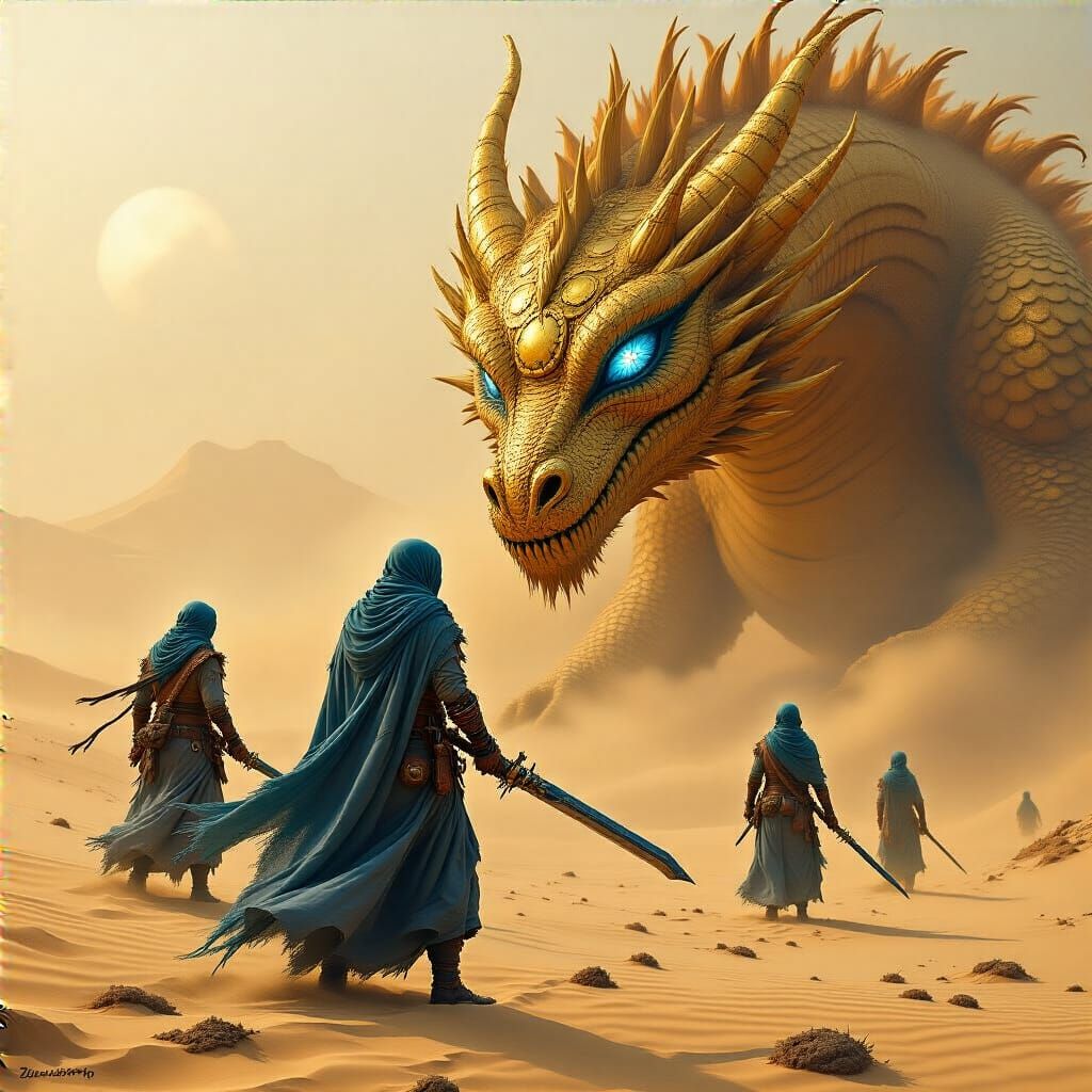 Desert Warriors with Sand Dragon in Dystopian Realism