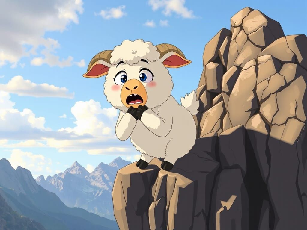 Terrified Lamb on Cliffside in Cartoon Style