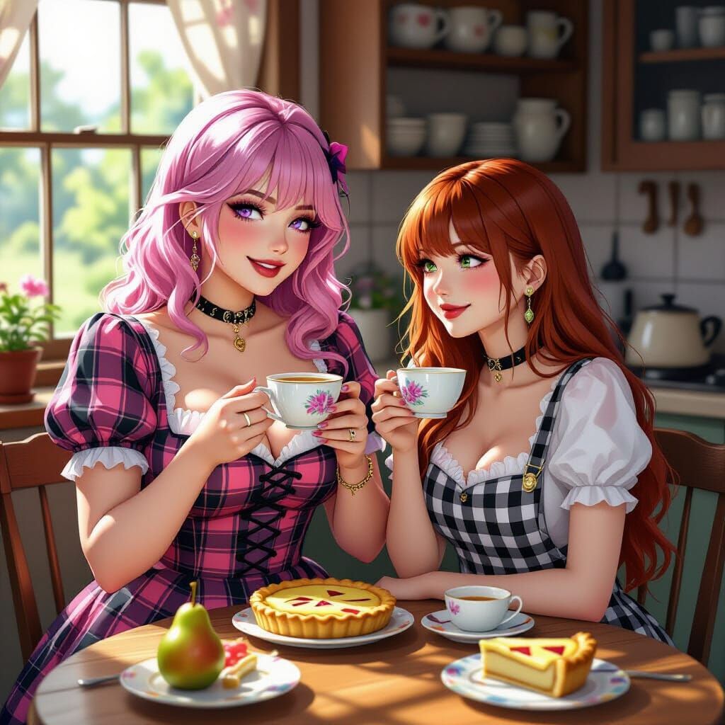 Gothic and Japanese Women Share Tea and Pie