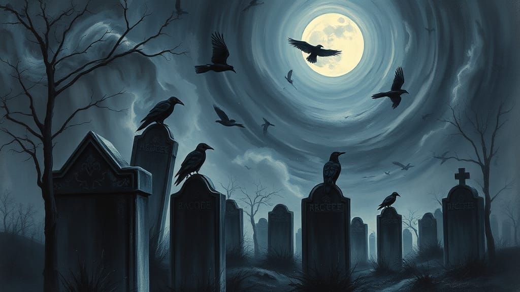Ravens in Haunted Graveyard as Impasto Painting