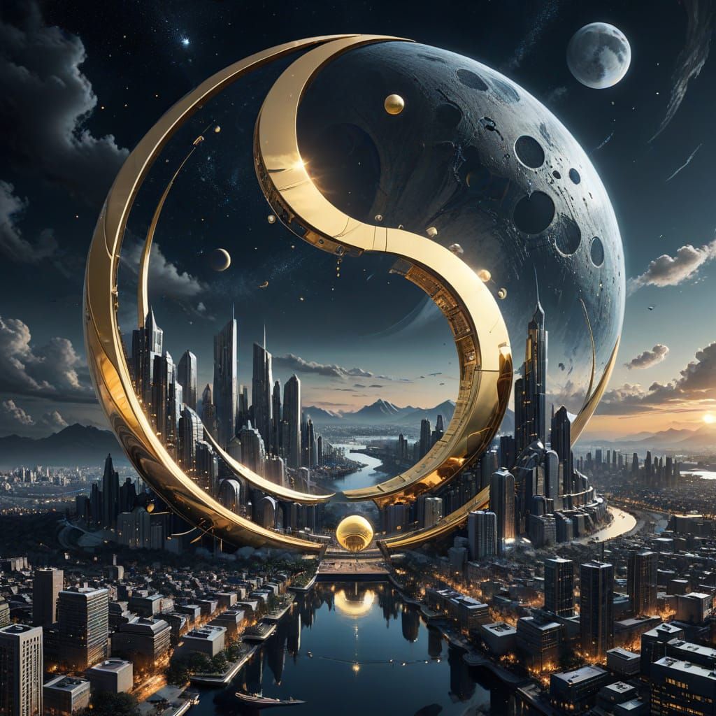 Futuristic City on Crescent Moon in Chrome and Gold