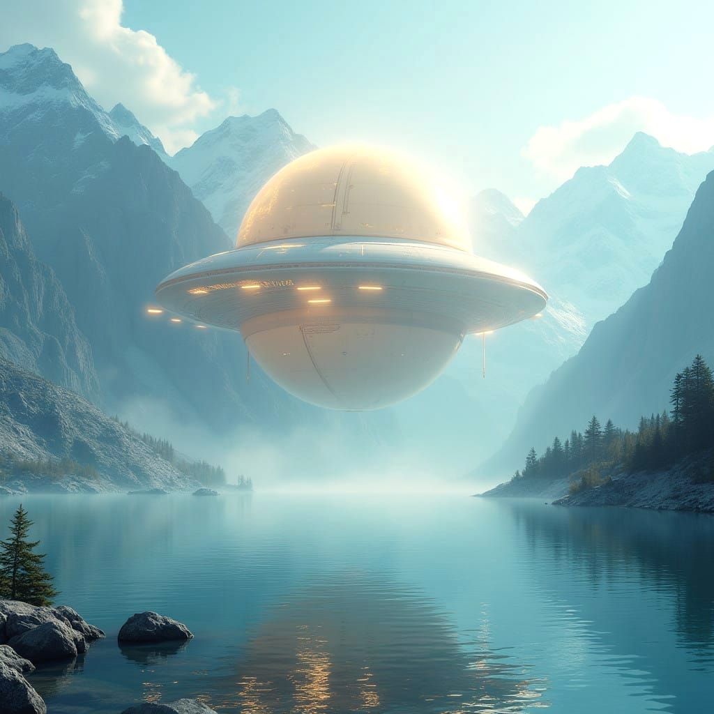 Surreal Golden Spaceship Hovers Over Sparkling Mountain Lake
