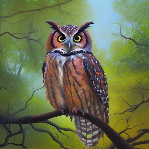 Colorful Owl in Lush Trees, Oil Painting
