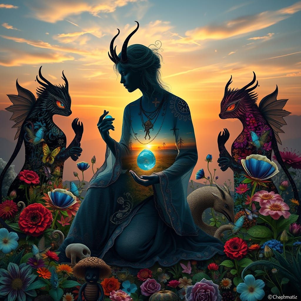 Dreamlike Collage of Mystical Creatures in a Vibrant Sunset ...