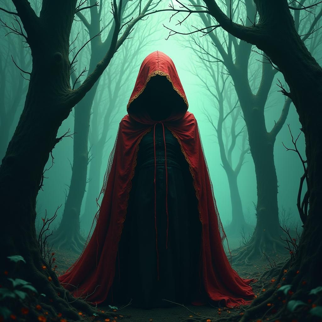 Corrupted Red Riding Hood in Ominous Woodscape