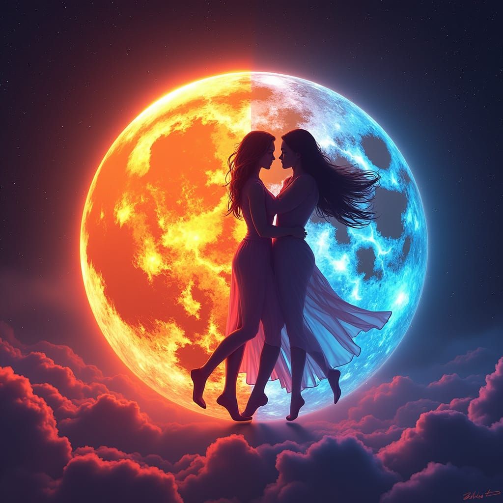 Celestial Dance: Sun and Moon in Holographic Style
