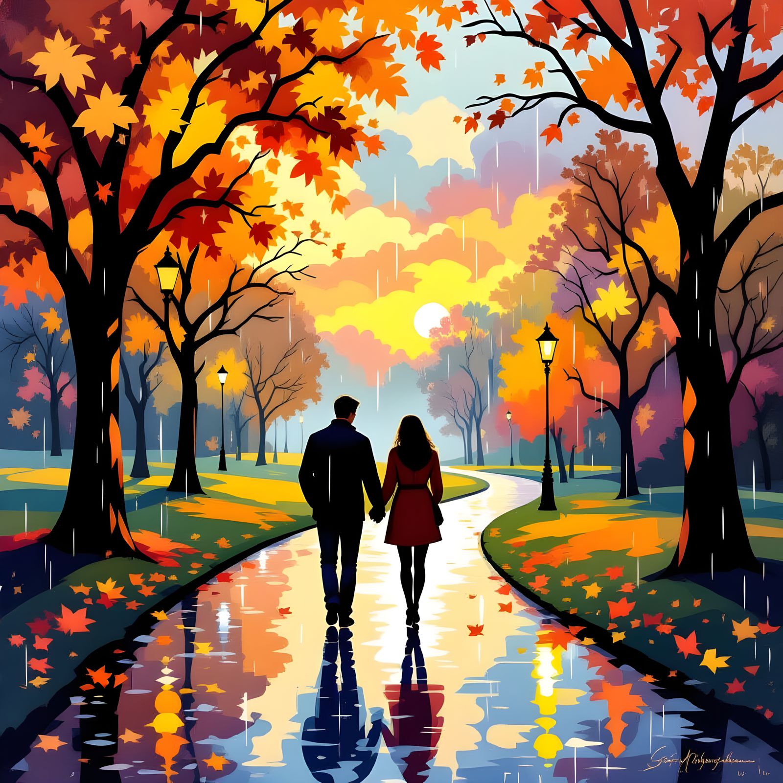 Autumn Night Walk in Impressionistic Style