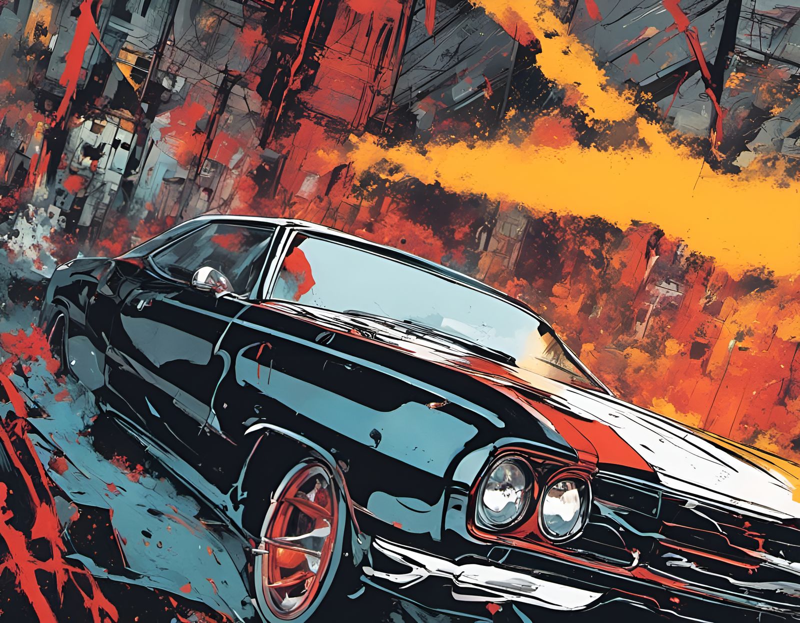 Violent Muscle Car in Retrofuturistic Horror Style