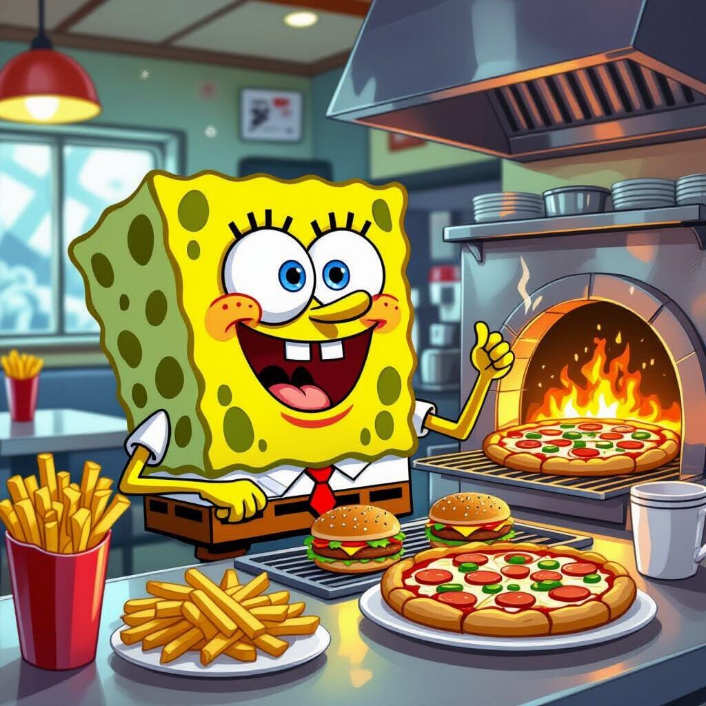 SpongeBob Grilling Burgers in a Restaurant, Cartoon Style