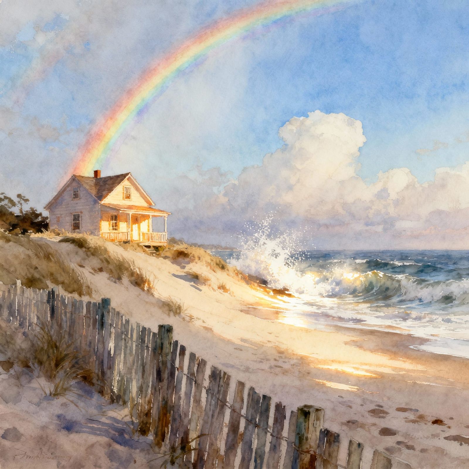 Vibrant Rainbow Over Quaint Beach Cottage in Watercolor Styl...