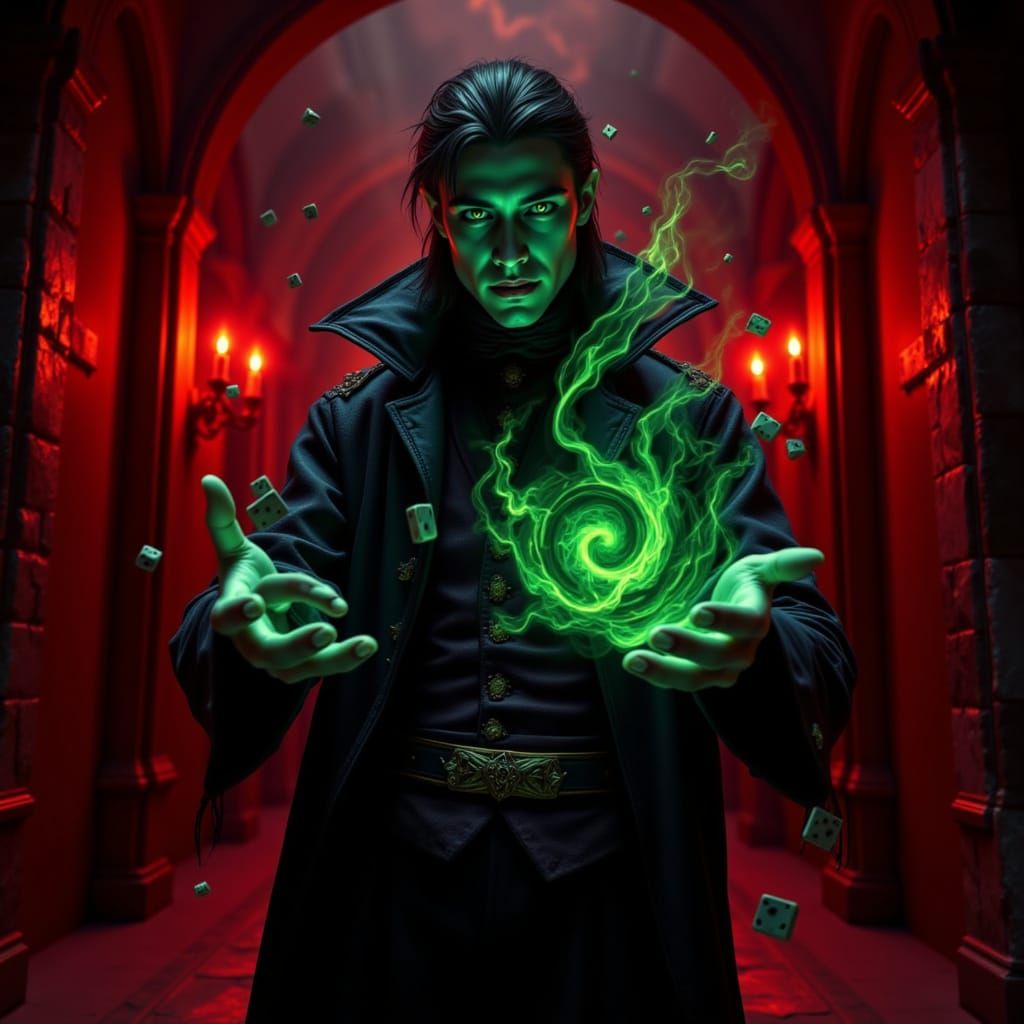 Mysterious Vampire with Spiraling Green Eyes Beckons