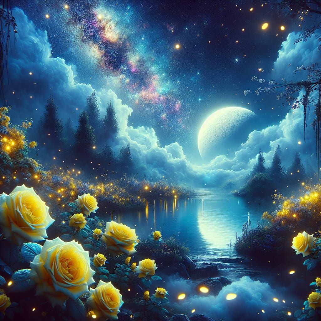 Radiant Lake Under Galaxy Sky in Fantasy Art