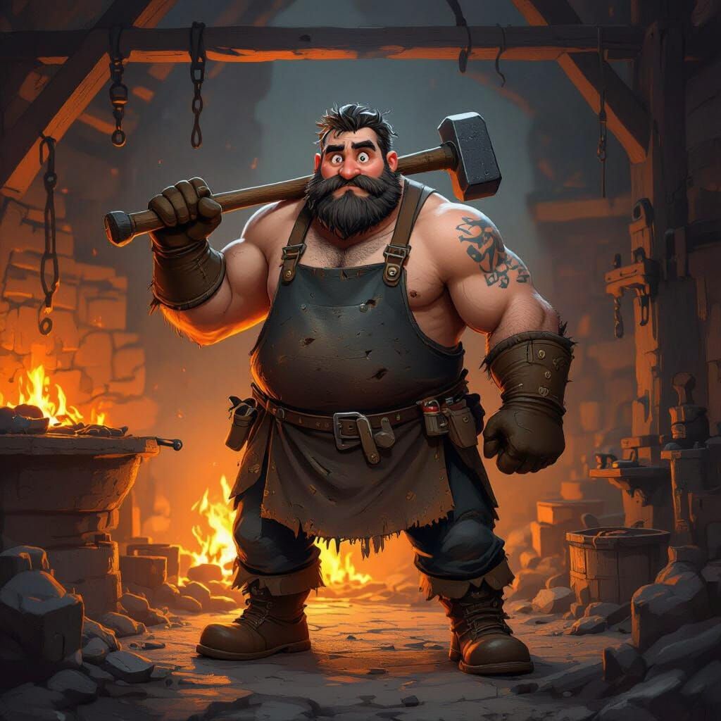 Burly Blacksmith in Cozy Forge, Cartoon Illustration