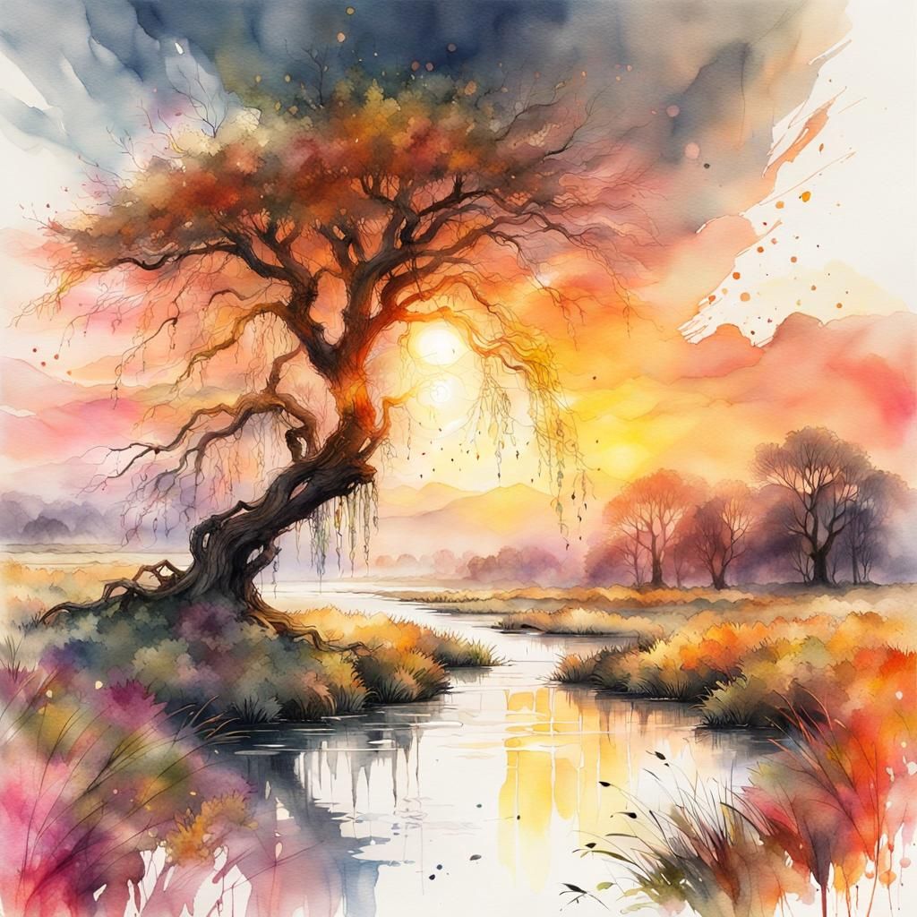 Willow Tree Sunrise in Watercolor Landscape