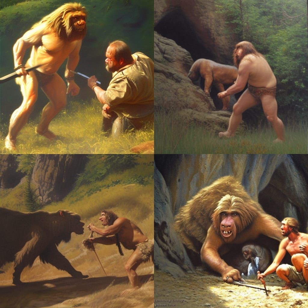 Neanderthal Hunter Confronts Cave Bear in Oil Painting