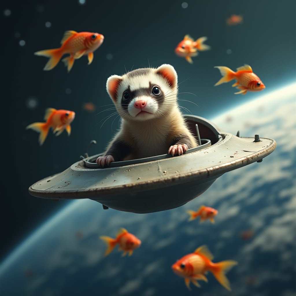 Ferret Pilots UFO Through Space with Adorable Goldenfish Cre...