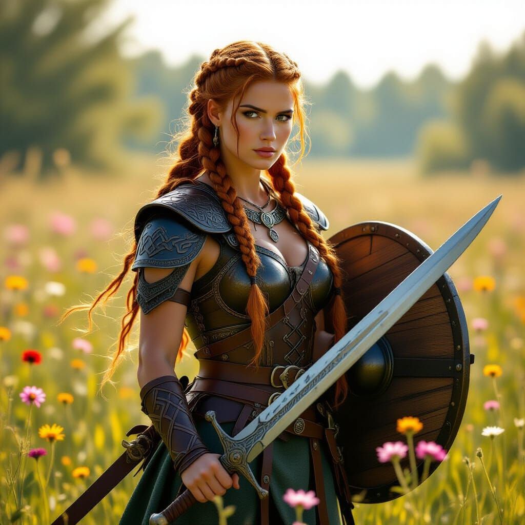 Viking Shieldmaiden in Wildflower Meadow