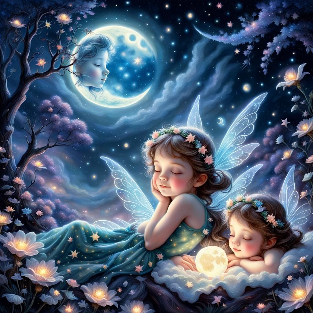 Fairies Sleeping on Bioluminescent Moon in Galaxy