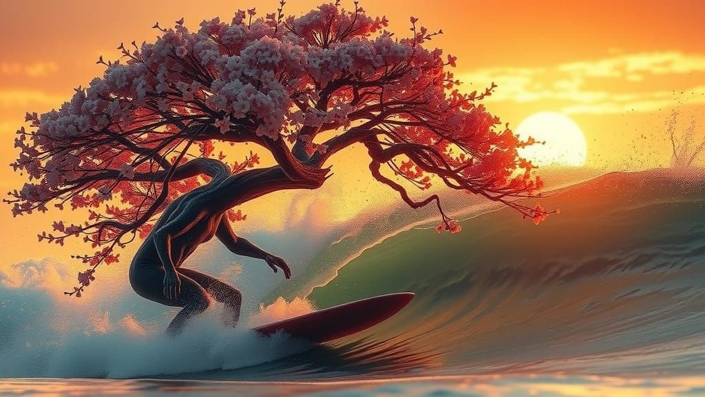 Cherry Blossom Tree Surfer on Giant Wave