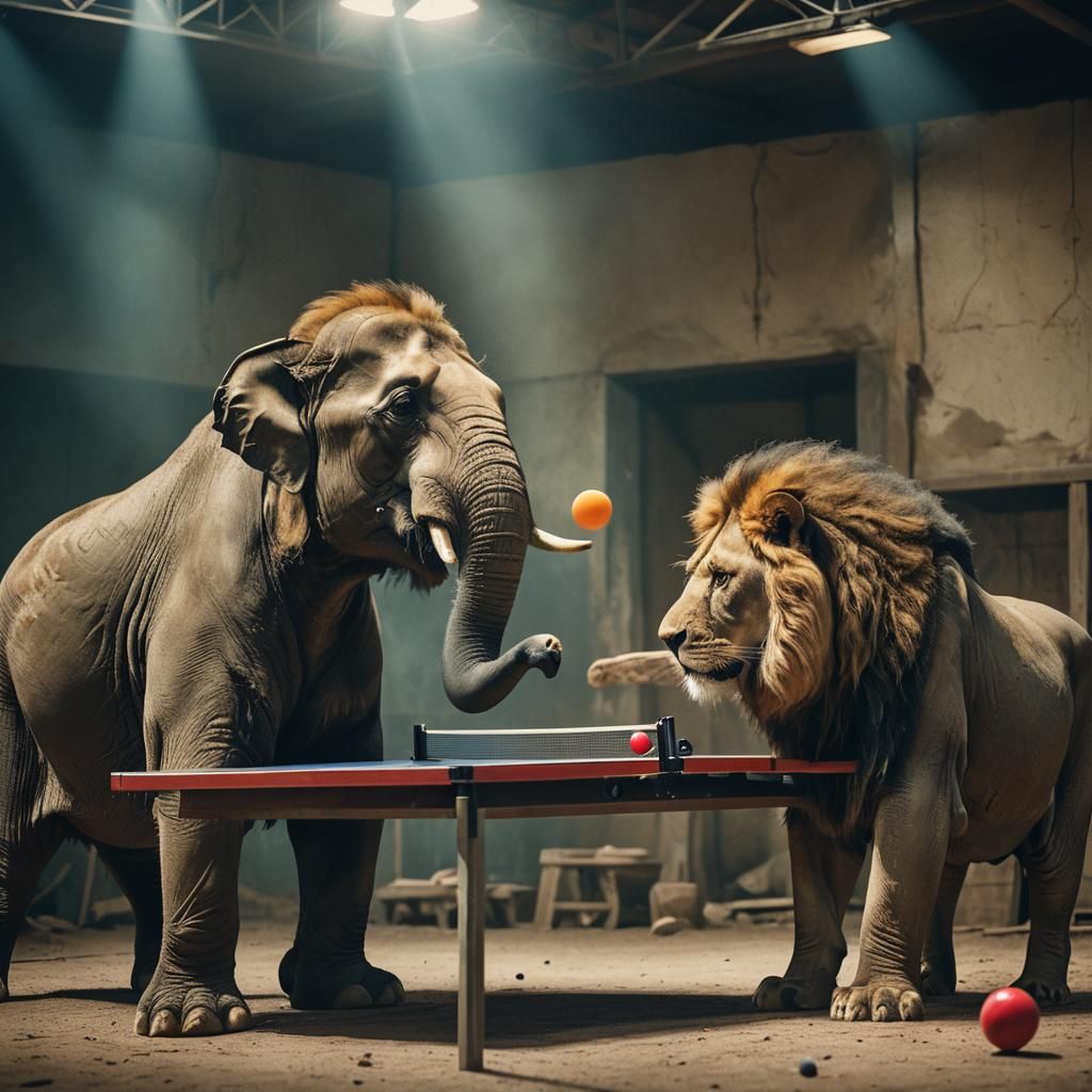 Elephant and Lion Play Table Tennis: Cinematic Still