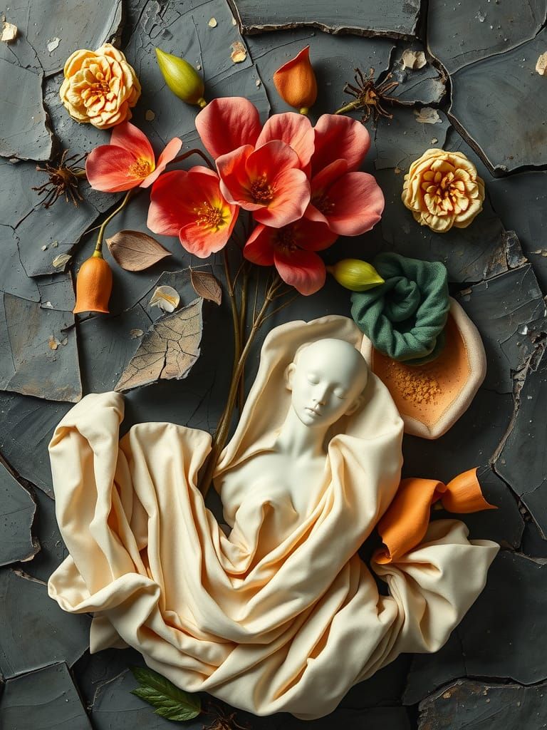 Textile Sculpture Among Begonia Rex, Oil Paint Background