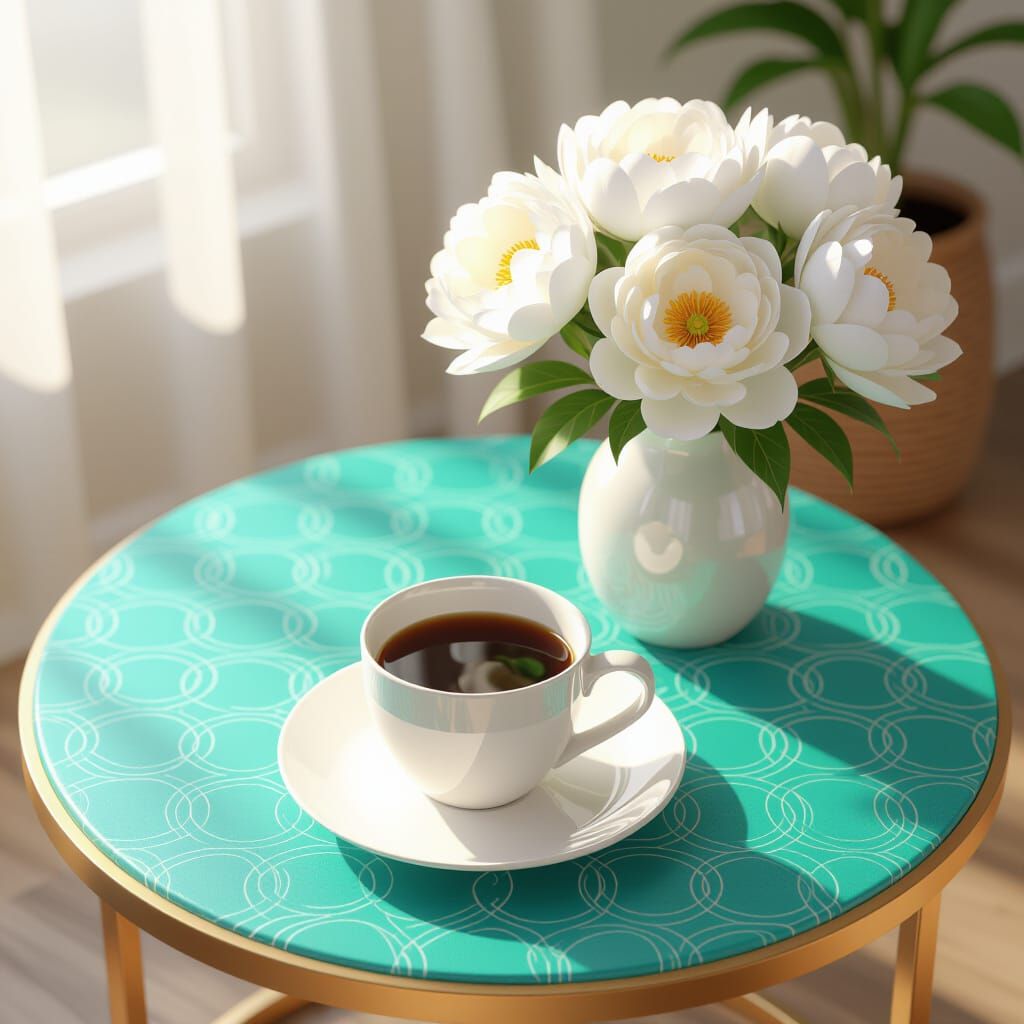 Coffee Cup & Peonies on Graphic Table in Warm Light