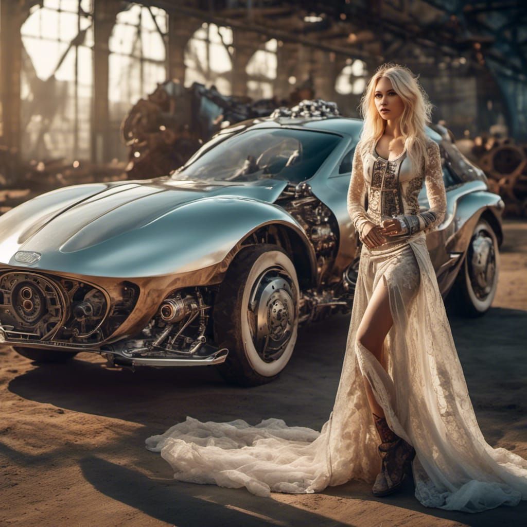 Blonde Woman in Transparent Clothing Beside Steampunk Car