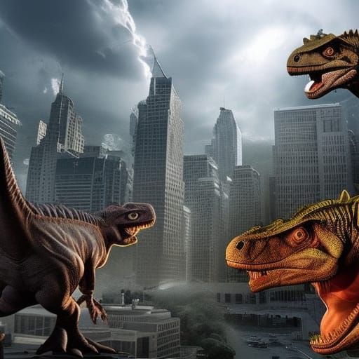 T Rex, Triceratops, Velociraptor, Dinosaurs invading a modern day city