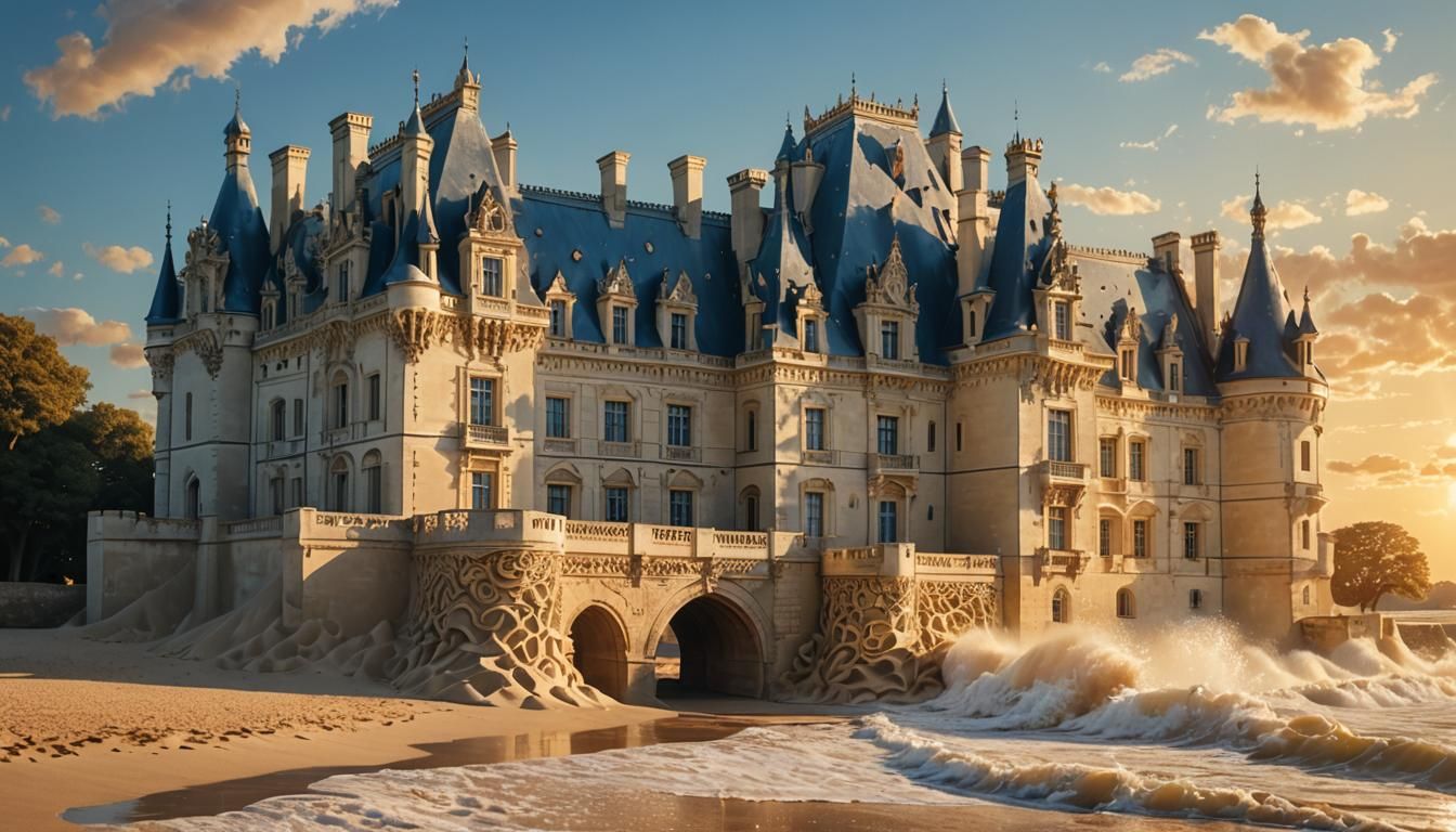 Fantasy Sandcastle Architecture with Crashing Waves