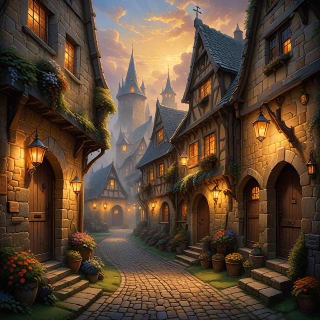 Medieval Village Alley at Night in Ethereal Lighting