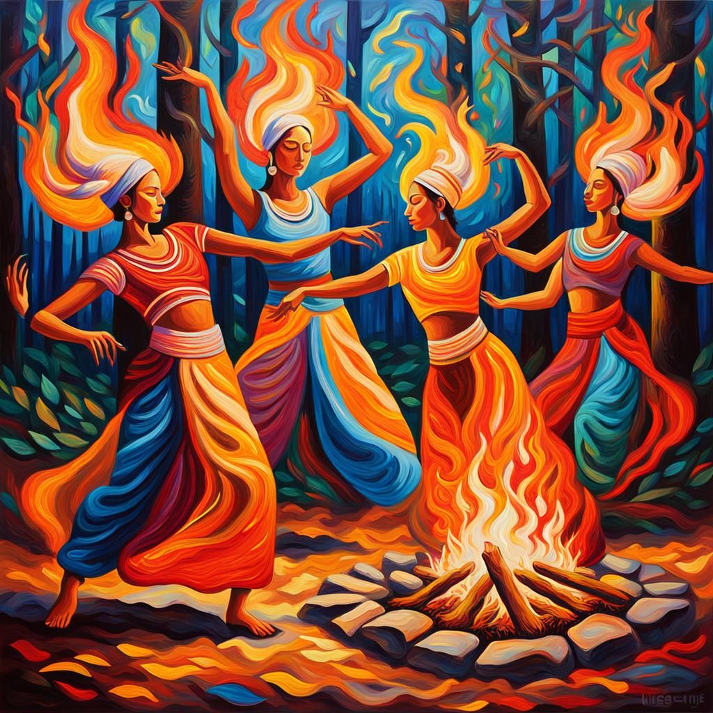 Kundalini Dancers: Expressionist Oil Painting in Woods