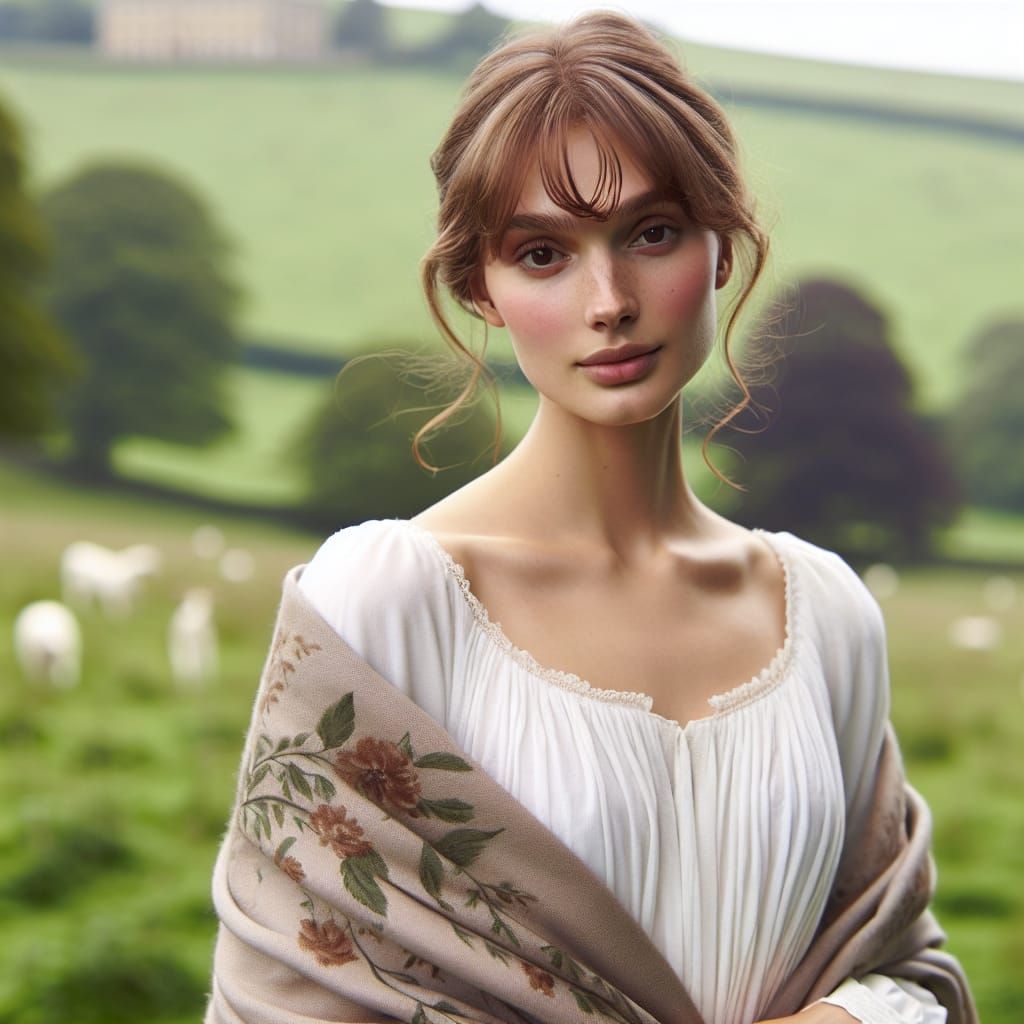Regency Woman Strolling Through English Countryside