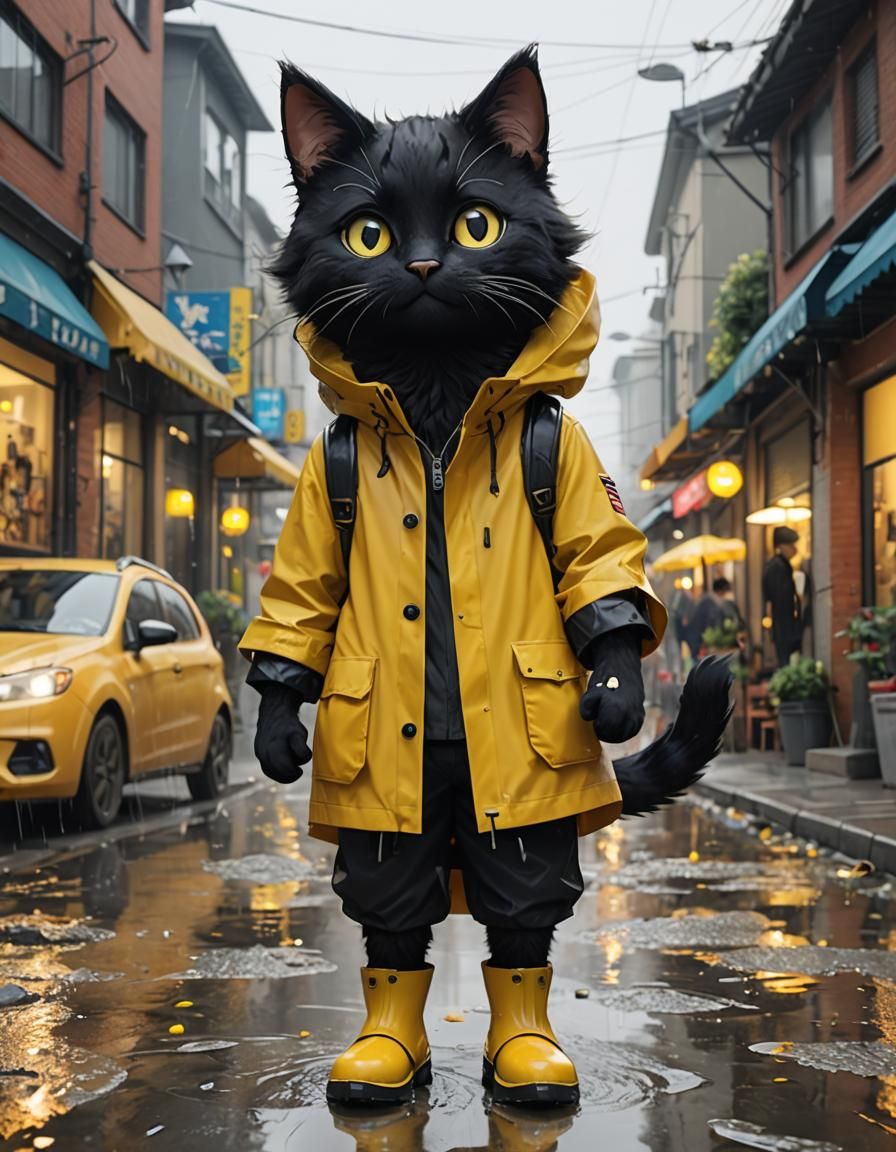 Anime Style Anthro Cat in Yellow Raincoat