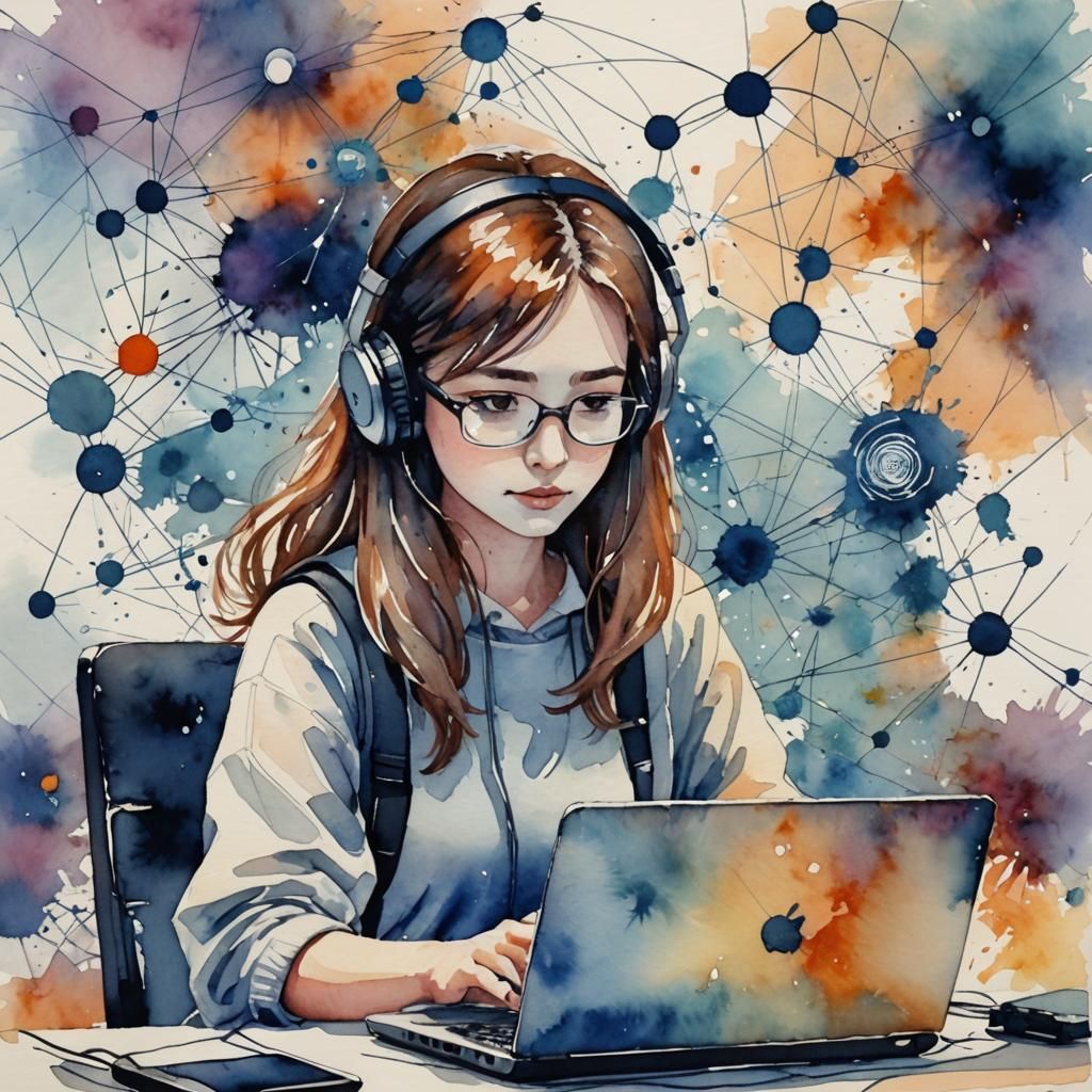 Watercolor Girl Navigating Cyberspace Data Network